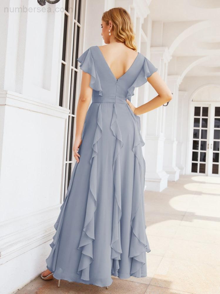 Ruffled Bridesmaid Dresses with Sleeves Long Formal Party Dress 28041-numbersea