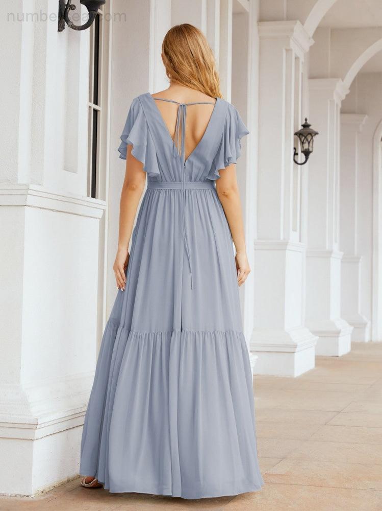Numbersea Women's Open Back Formal Evening Party Prom Gowns V-Neck Long Chiffon Bridesmaid Dresses with Waist Belt 28038-numbersea