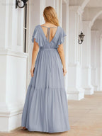 Numbersea Women's Open Back Formal Evening Party Prom Gowns V-Neck Long Chiffon Bridesmaid Dresses with Waist Belt 28038-numbersea