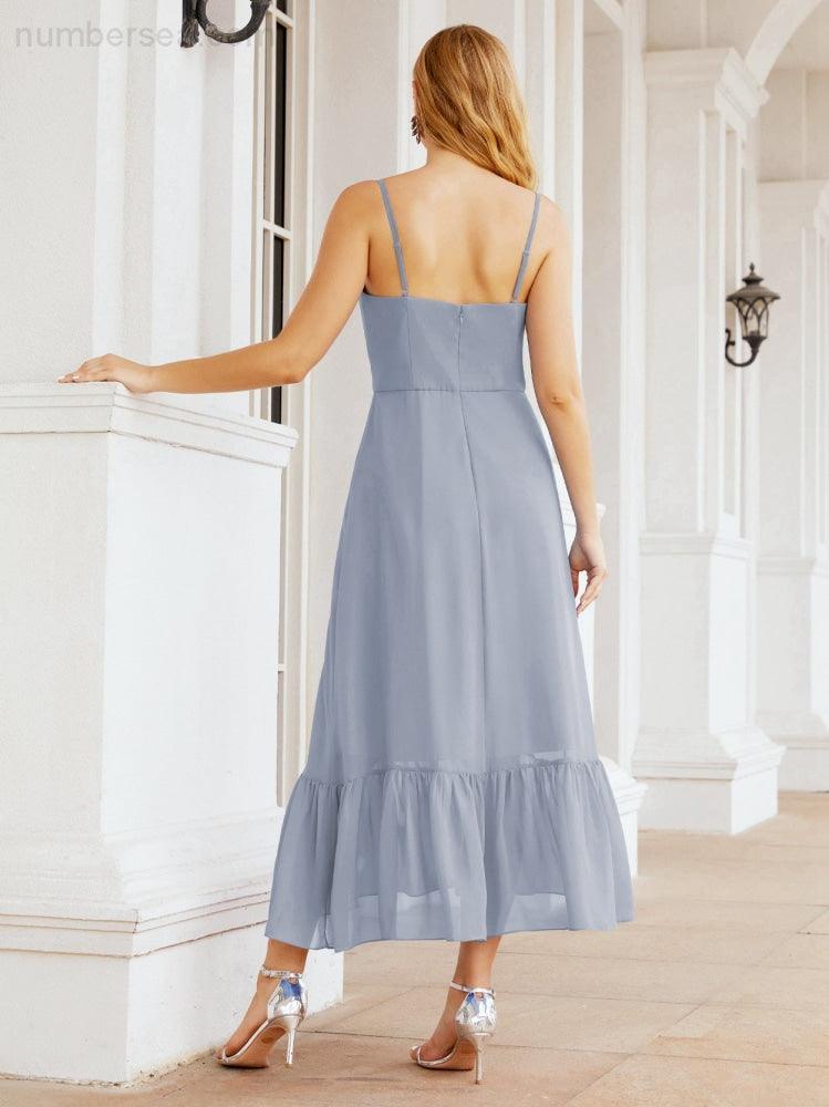 Numbersea Women Strap Chiffon Bridesmaid Dress Ankle Length Sleeveless Blackless Ruffle A Line