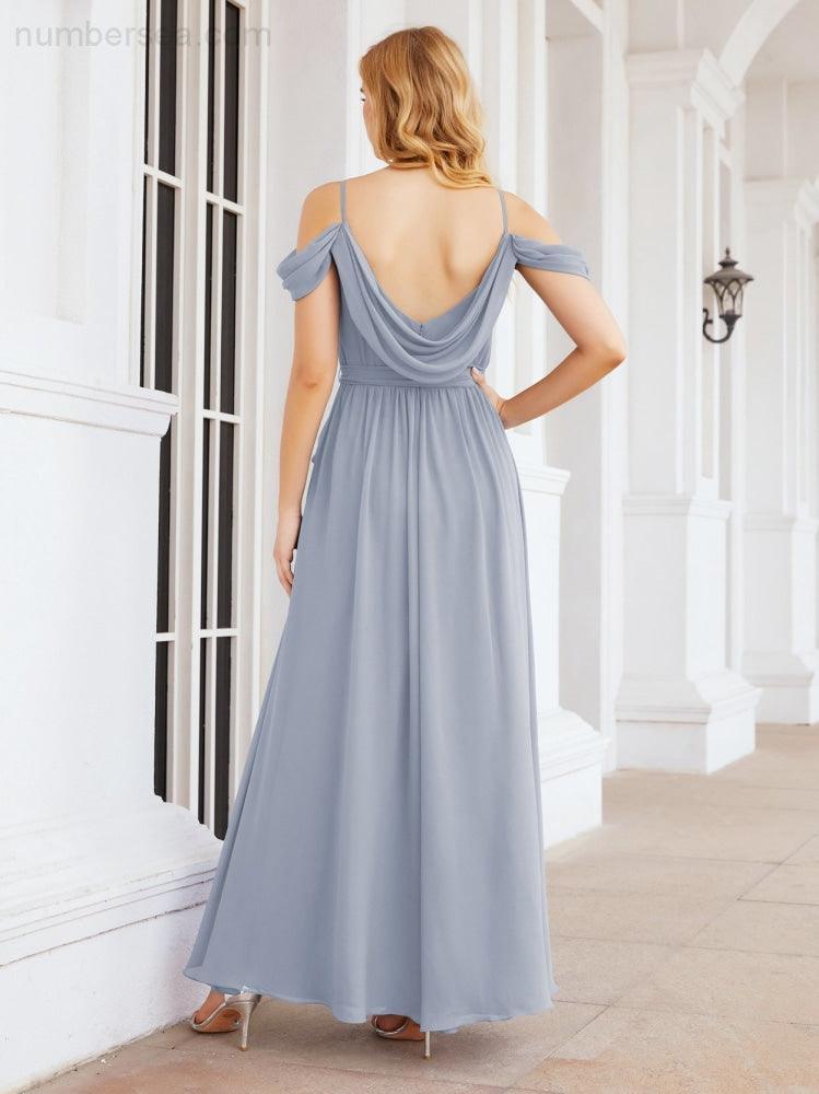Numbersea Off The Shoulder Chiffon Bridesmaid Dress Long Formal Graduation Gown with Cowl Back 28069-numbersea