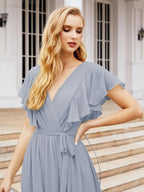 Numbersea Women's Open Back Formal Evening Party Prom Gowns V-Neck Long Chiffon Bridesmaid Dresses with Waist Belt 28038-numbersea