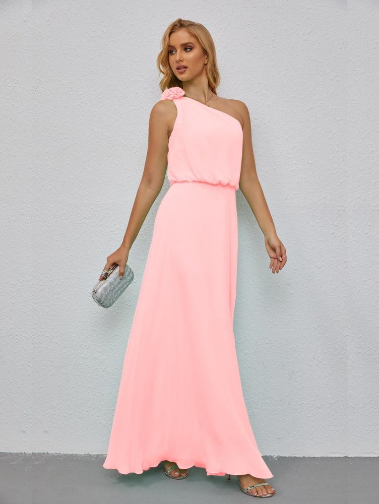 Ruffled One Shoulder Sleeveless Long Bridesmaid Dresses A-line Formal Evening Gown Side Split 28080-numbersea