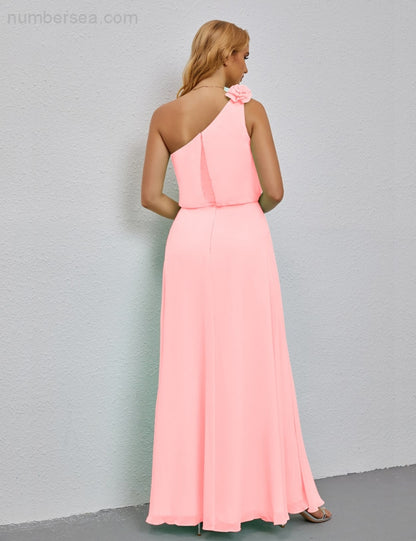 Ruffled One Shoulder Sleeveless Long Bridesmaid Dresses A-line Formal Evening Gown Side Split 28080-numbersea