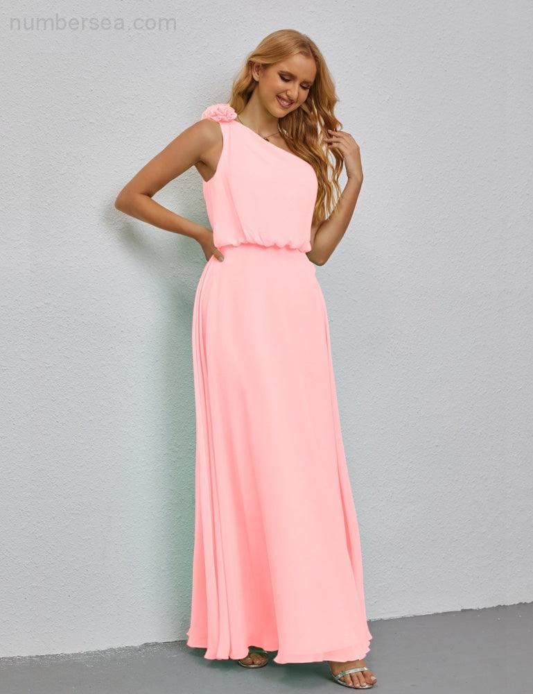 Ruffled One Shoulder Sleeveless Long Bridesmaid Dresses A-line Formal Evening Gown Side Split 28080-numbersea