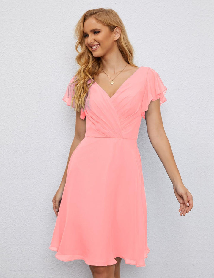 Numbersea Chiffon Bridesmaid Dress V Neck Short Cocktail Gowns for Juniors Homecoming Dresses 28077