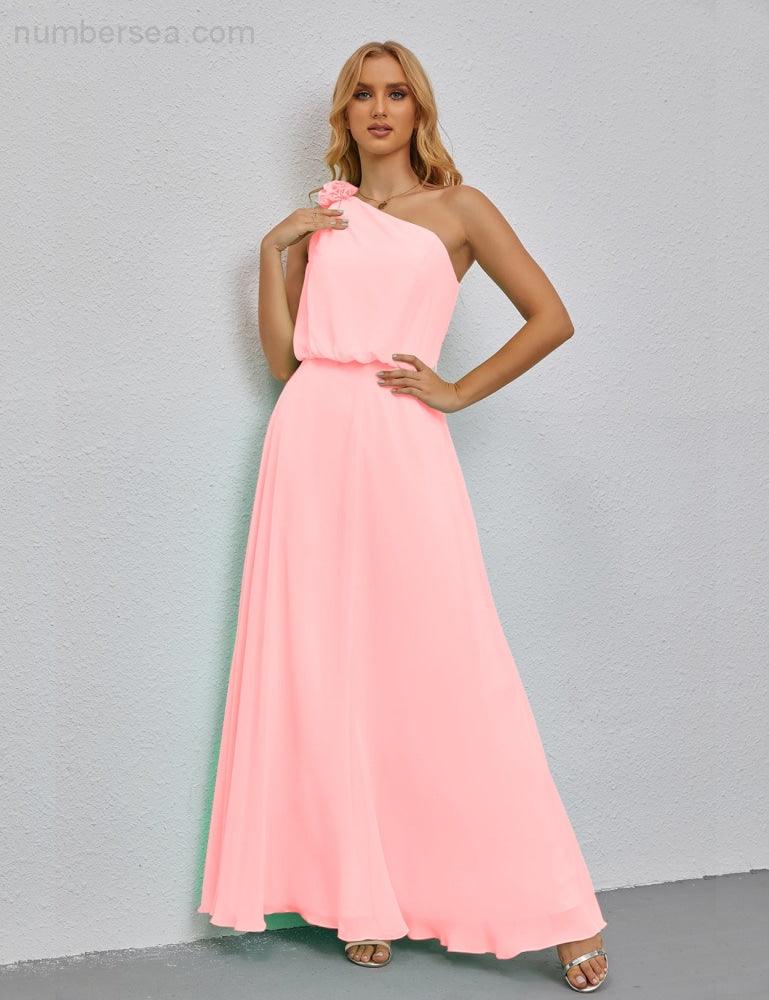 Ruffled One Shoulder Sleeveless Long Bridesmaid Dresses A-line Formal Evening Gown Side Split 28080-numbersea
