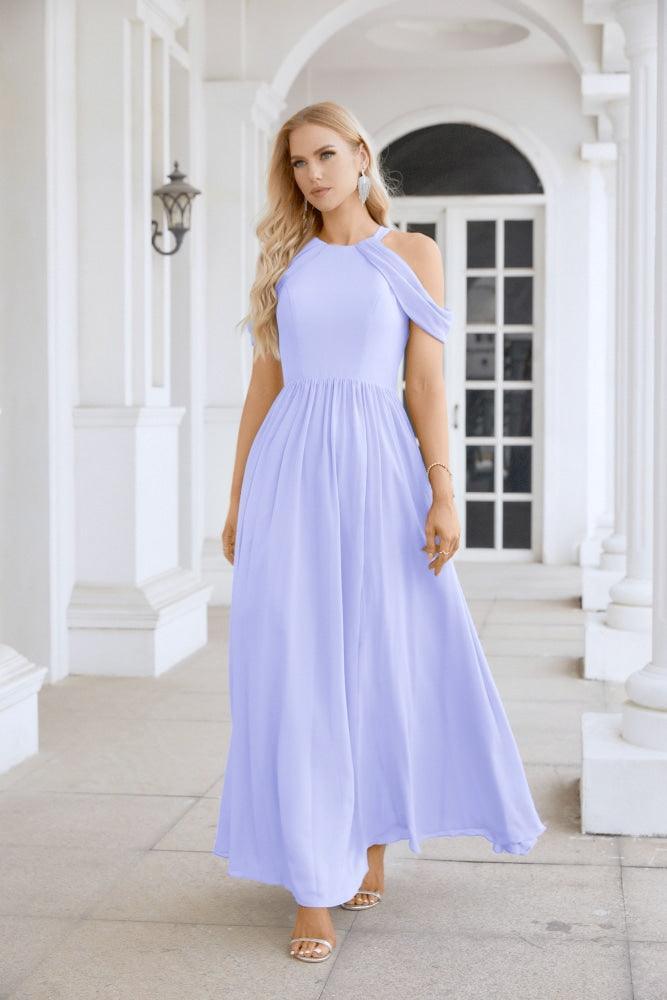 Ladies Chiffon Off Shoulder Swing Sleeve Front Slit Bridesmaid Evening Dress Wedding Party Evening Dress 28117-numbersea