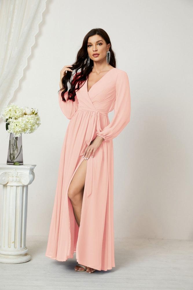 Numbersea Evening Dresses Deep V-Neck Chiffon Bridesmaid Dresses Long Bishop Sleeve Side Split Formal Dress 2806-numbersea