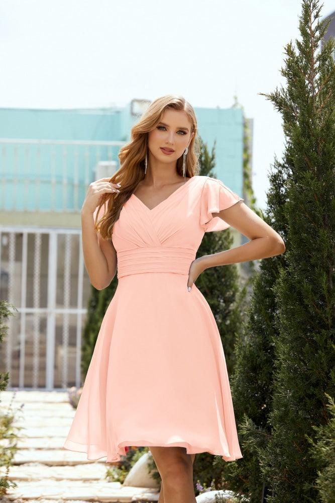 Neck Chiffon Bridesmaid Dresses Formal Cocktail Prom Gown Homecoming 28013 Ballet Pink