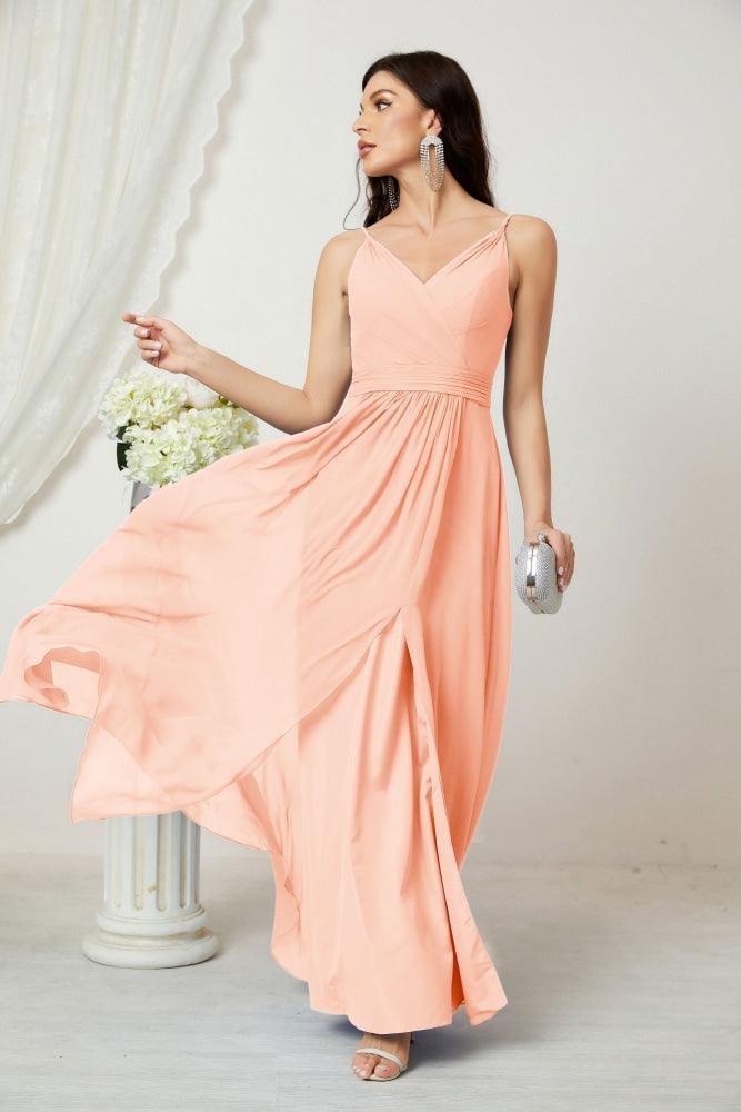 Numbersea Chiffon V-Neck Bridesmaid Dress Spaghetti Strap Long Formal Party Prom Gowns with Slit 28010-numbersea
