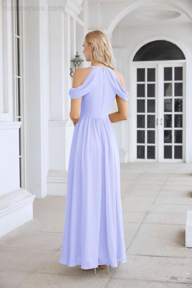 Ladies Chiffon Off Shoulder Swing Sleeve Front Slit Bridesmaid Evening Dress Wedding Party Evening Dress 28117-numbersea