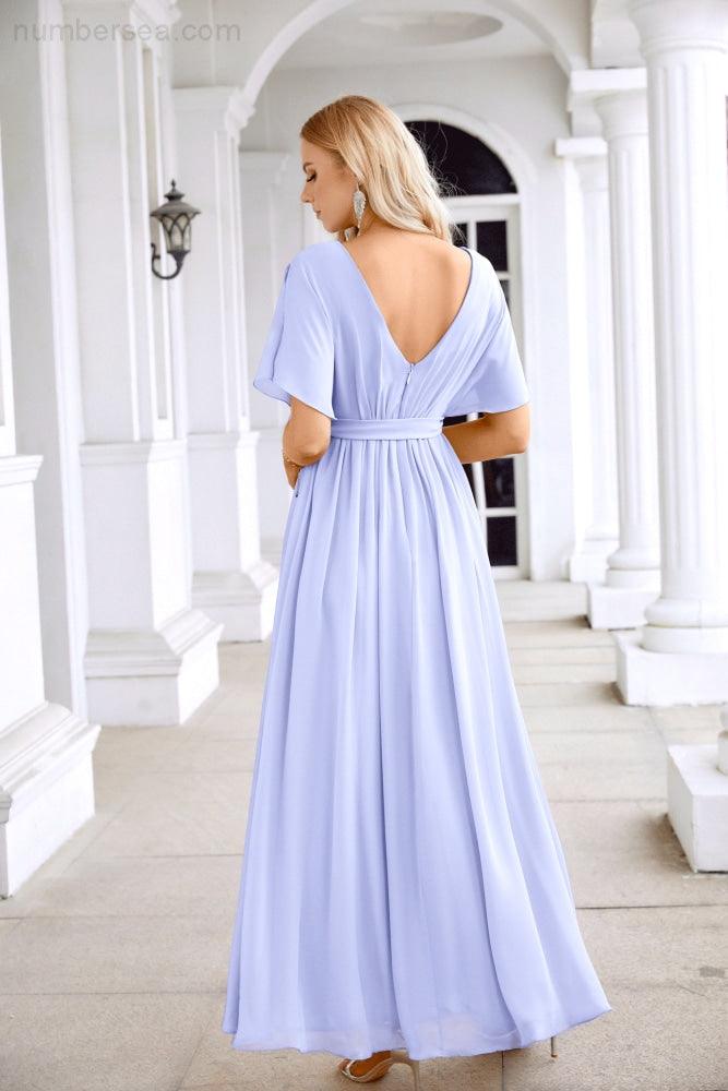 Ladies Chiffon Sleeve Crew Neck Front Slit Floor Length Bridesmaid Evening Dress Wedding Party Evening Dress 28124-numbersea