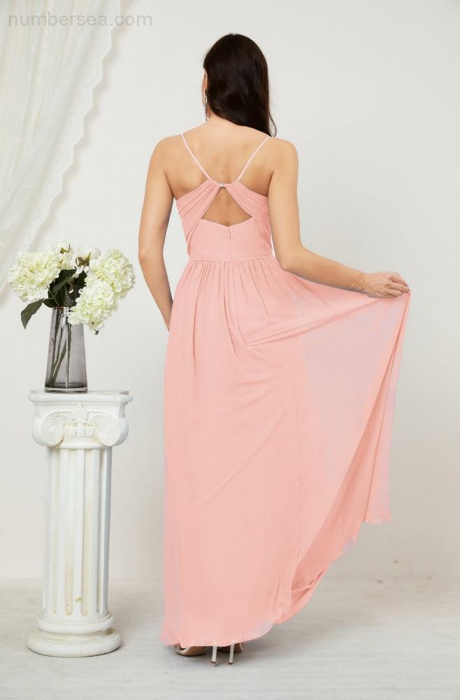 Numbersea Neck Bridesmaid Dresses Chiffon Long Spaghetti A-line Formal Prom Gown for Wedding Party Evening 2801-numbersea