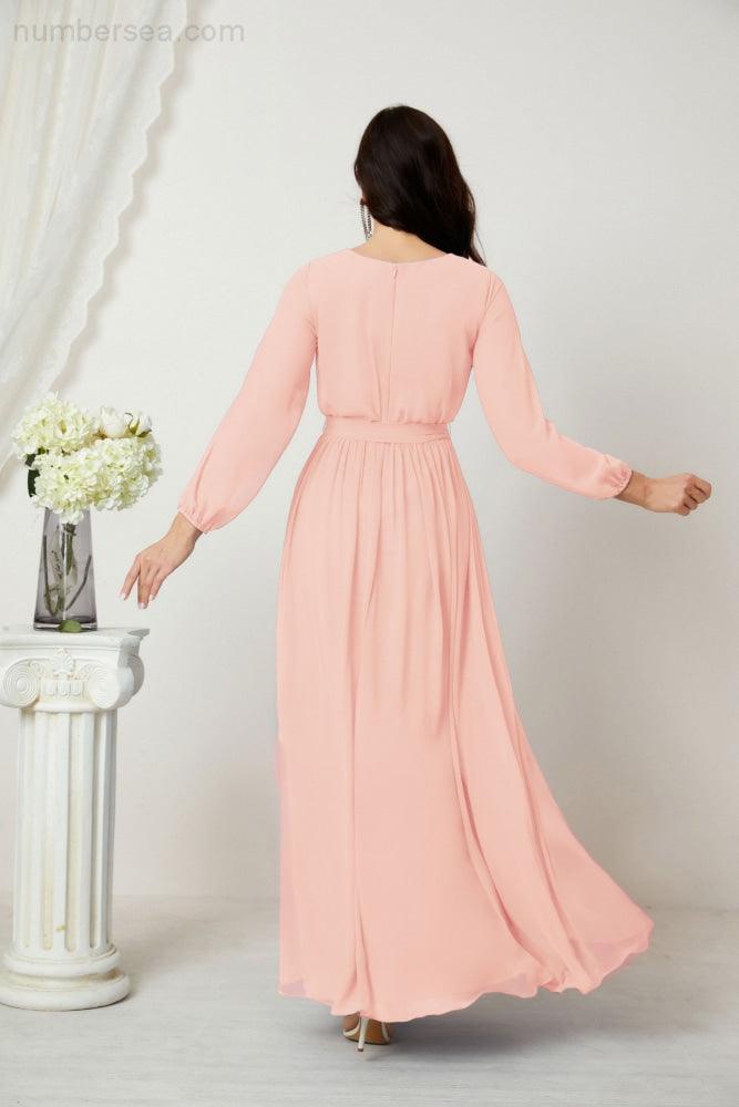 Numbersea Evening Dresses Deep V-Neck Chiffon Bridesmaid Dresses Long Bishop Sleeve Side Split Formal Dress 2806-numbersea