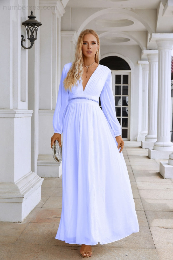 Ladies V Neck Chiffon Long Sleeve Front Slit Bridesmaid Evening Dress Wedding Party Shopping Evening Dress 28109-numbersea