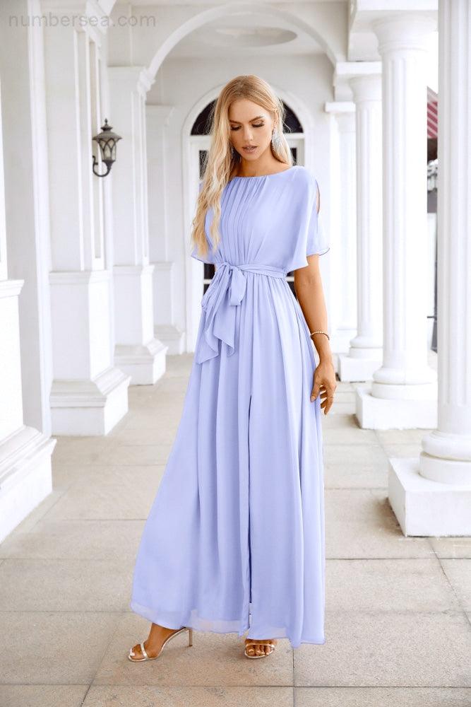 Ladies Chiffon Sleeve Crew Neck Front Slit Floor Length Bridesmaid Evening Dress Wedding Party Evening Dress 28124-numbersea