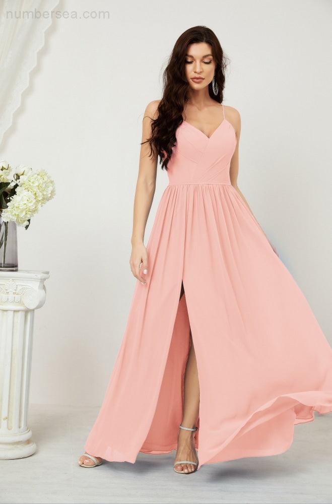 Numbersea Neck Bridesmaid Dresses Chiffon Long Spaghetti A-line Formal Prom Gown for Wedding Party Evening 2801-numbersea