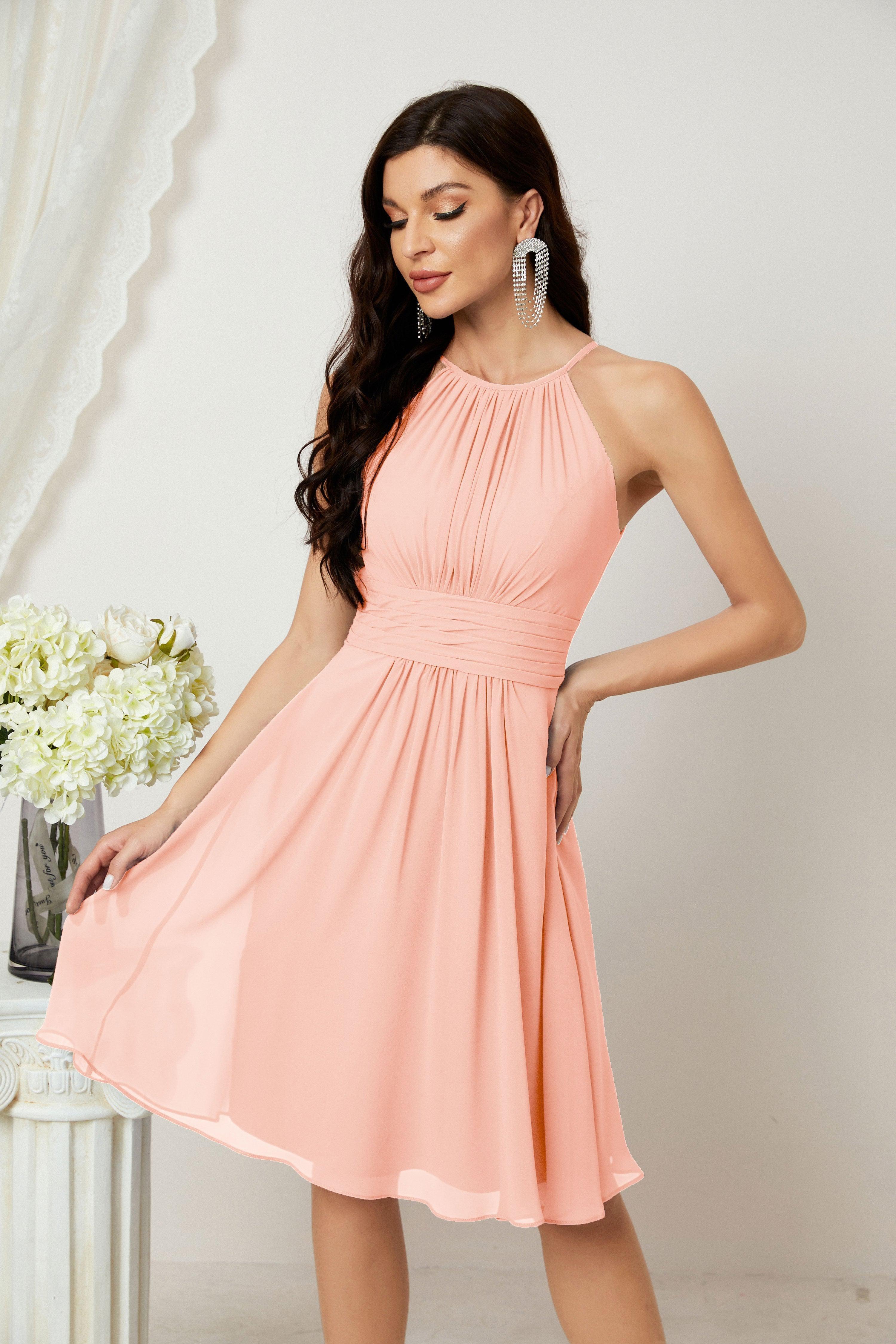Halter Bridesmaid Dresses Knee Length A Line Formal Evening Party Cocktail Dress 28011
