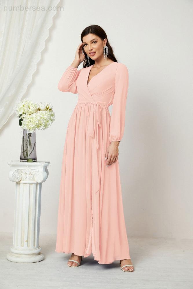 Numbersea Evening Dresses Deep V-Neck Chiffon Bridesmaid Dresses Long Bishop Sleeve Side Split Formal Dress 2806-numbersea