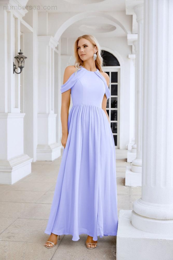 Ladies Chiffon Off Shoulder Swing Sleeve Front Slit Bridesmaid Evening Dress Wedding Party Evening Dress 28117-numbersea
