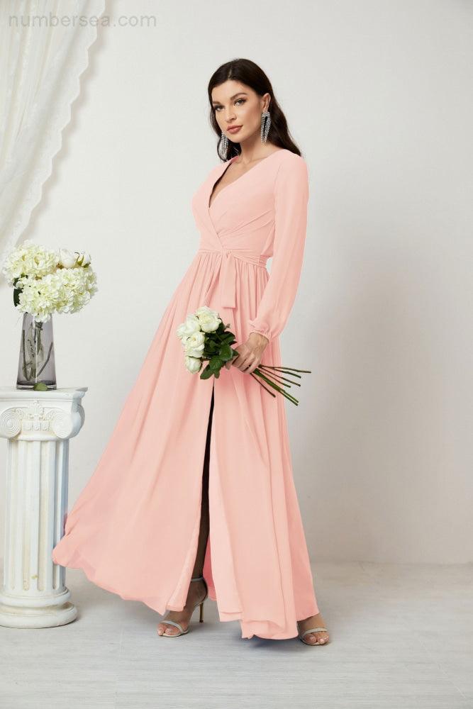 Numbersea Evening Dresses Deep V-Neck Chiffon Bridesmaid Dresses Long Bishop Sleeve Side Split Formal Dress 2806-numbersea