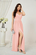 Numbersea Neck Bridesmaid Dresses Chiffon Long Spaghetti A-line Formal Prom Gown for Wedding Party Evening 2801-numbersea