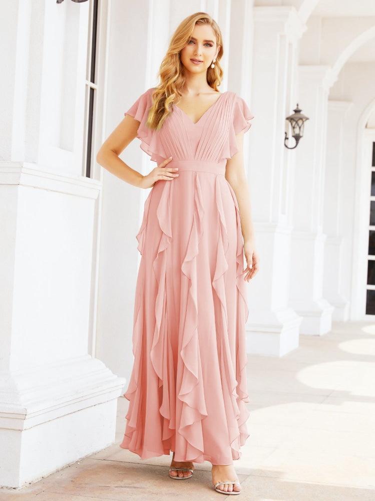 Ruffled Bridesmaid Dresses with Sleeves Long Formal Party Dress 28041-numbersea