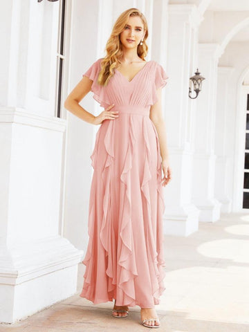 Ruffled Bridesmaid Dresses with Sleeves Long Formal Party Dress 28041-numbersea