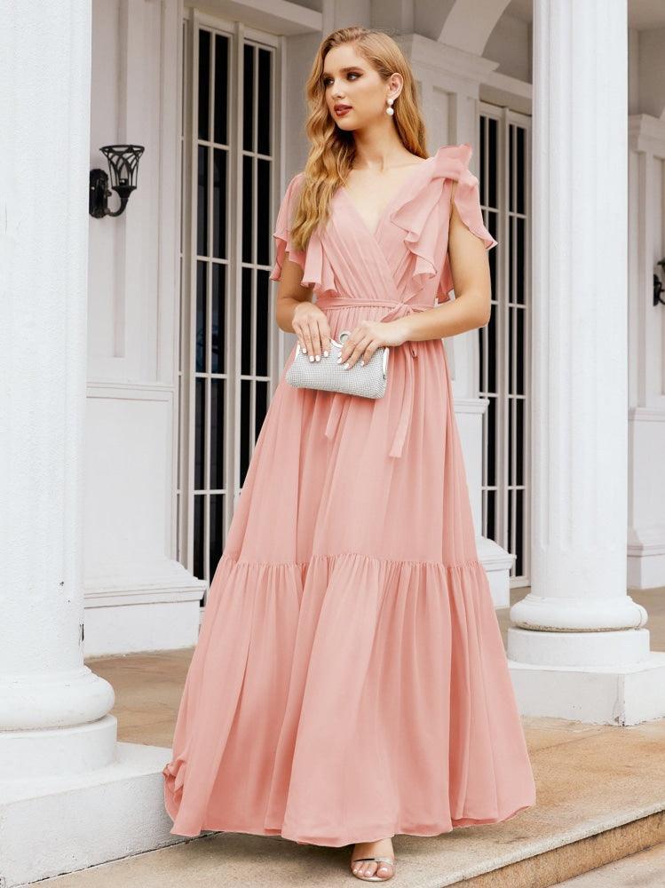 Numbersea Women's Open Back Formal Evening Party Prom Gowns V-Neck Long Chiffon Bridesmaid Dresses with Waist Belt 28038-numbersea