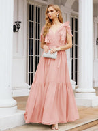 Numbersea Women's Open Back Formal Evening Party Prom Gowns V-Neck Long Chiffon Bridesmaid Dresses with Waist Belt 28038-numbersea