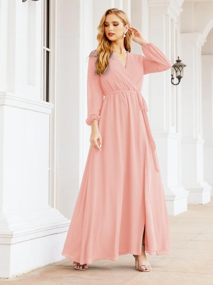 Numbersea Women's Chiffon Bridesmaid Dress A line Long Sleeves Formal Evening Prom Gown for Wedding Guest 28032-numbersea