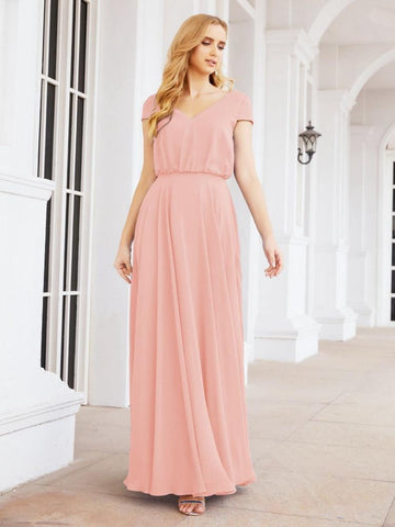 Numbersea V-Neck Bridesmaid Dresses Long Cap Sleeves Prom Evening Formal Gowns 28071-numbersea