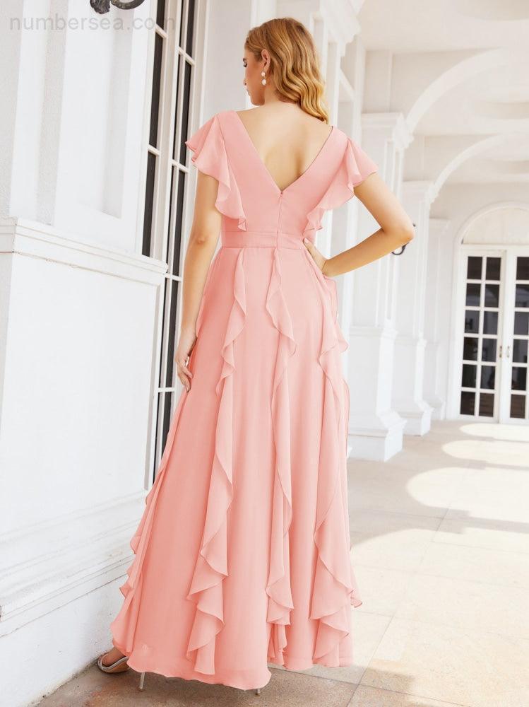 Ruffled Bridesmaid Dresses with Sleeves Long Formal Party Dress 28041-numbersea