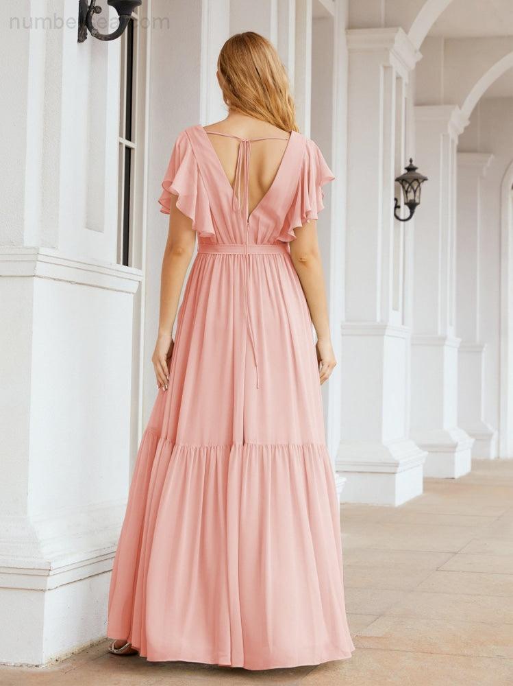 Numbersea Women's Open Back Formal Evening Party Prom Gowns V-Neck Long Chiffon Bridesmaid Dresses with Waist Belt 28038-numbersea