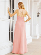 Numbersea Halter Bridesmaid Dresses with Pockets Sleeveless Formal Evening Party Prom Gowns 28055-numbersea