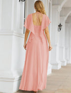 Numbersea Chiffon Bridesmaid Dresses Long Formal Evening Prom Mother of The Bride Dress with Flutter Sleeve     SEA28040