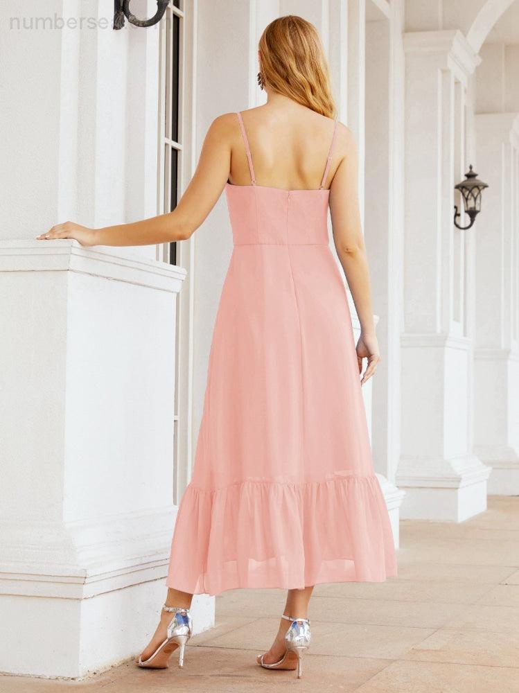 Numbersea Women Strap Chiffon Bridesmaid Dress Ankle Length Sleeveless Blackless Ruffle A Line