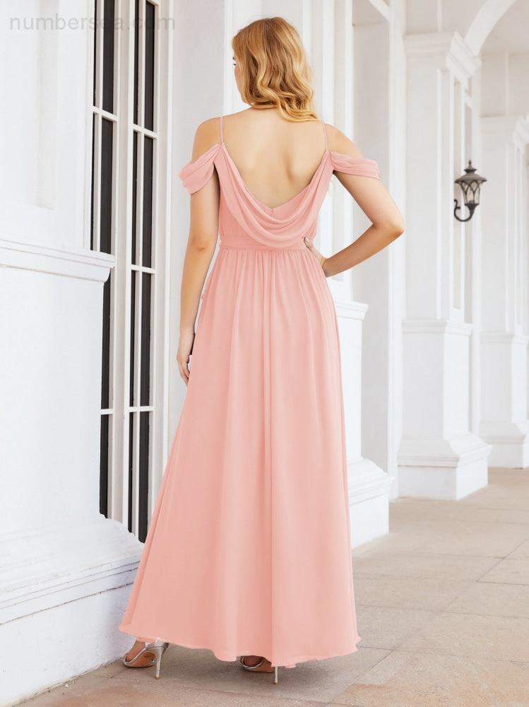 Numbersea Off The Shoulder Chiffon Bridesmaid Dress Long Formal Graduation Gown with Cowl Back 28069-numbersea