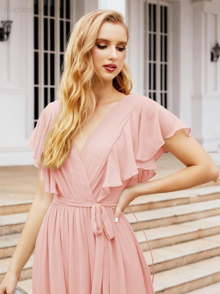 Numbersea Women's Open Back Formal Evening Party Prom Gowns V-Neck Long Chiffon Bridesmaid Dresses with Waist Belt 28038-numbersea