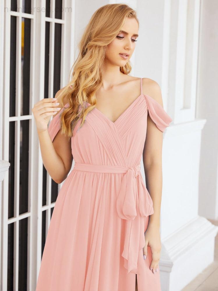Numbersea Off The Shoulder Chiffon Bridesmaid Dress Long Formal Graduation Gown with Cowl Back 28069-numbersea