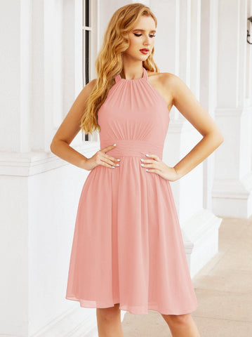 Numbersea Halter Chiffon Vestidos de dama de honor Cortos Sin mangas Vestido de fiesta formal Espalda abierta 28023 