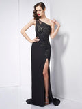 Etui-Linie One-Shoulder-Träger Ärmellos Applikationen Bodenlang Chiffon Kleider