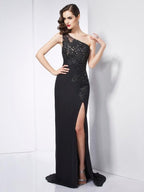 Etui-Linie One-Shoulder-Träger Ärmellos Applikationen Bodenlang Chiffon Kleider