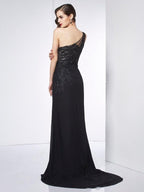 Etui-Linie One-Shoulder-Träger Ärmellos Applikationen Bodenlang Chiffon Kleider