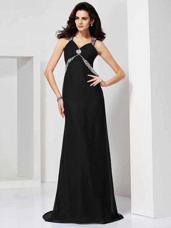 Vestidos largos de gasa con cuello halter, tirantes finos y sin mangas de Numbersea