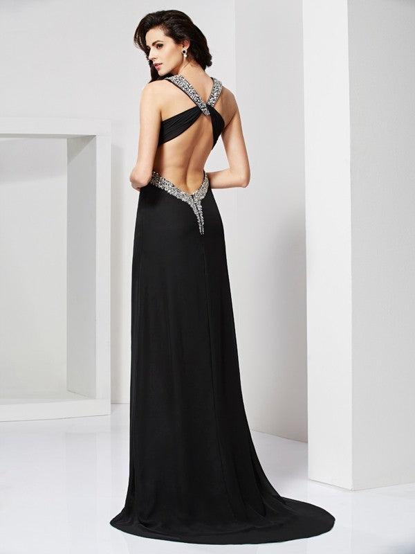 Vestidos largos de gasa con cuello halter, tirantes finos y sin mangas de Numbersea