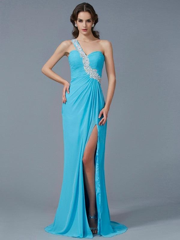 Etui-Linie One-Shoulder-Träger Ärmellos Perlen verziert Applikationen Lange Chiffon Kleider