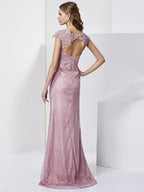 Sheath/Column High Neck Short Sleeves Lace Long Elastic Woven Satin Mother of the Bride Dresses
