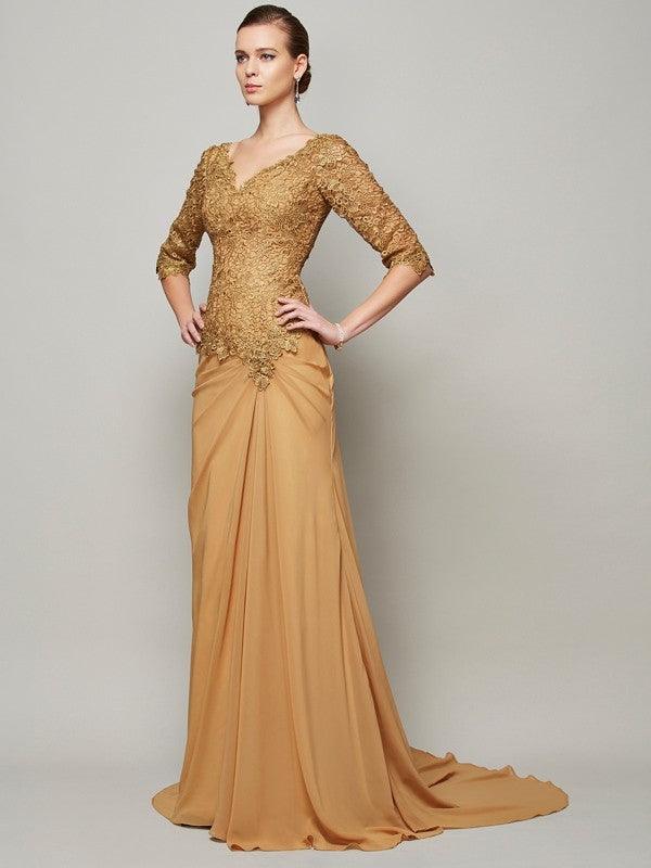 Vestidos largos de gasa con encaje, escote en V, mangas 1/2 y corte tubo/columna